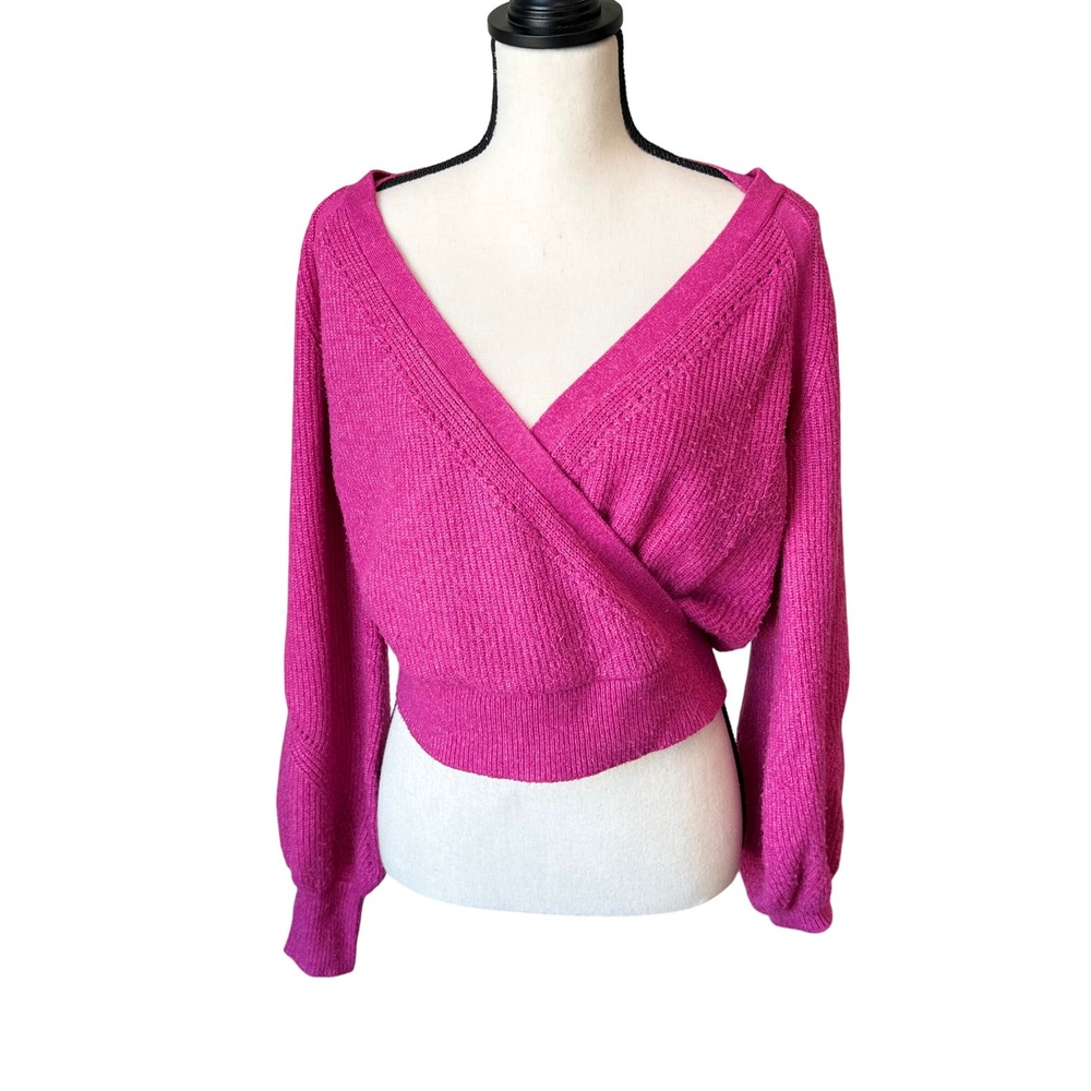 Anthropologie Wrap Sweater Womens XS Pink Magenta Surplice Balloon Sleeve